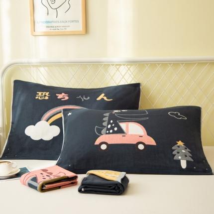 91家纺网 家纺一手货源 找家纺 朴尔 2020新款卡通AB组合全棉四层纱布枕巾 彩虹恐龙藏青