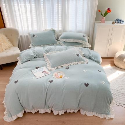 91家纺网 家纺一手货源 找家纺 优悦2020新款牛奶绒毛巾绣四件套 爱心-浅绿