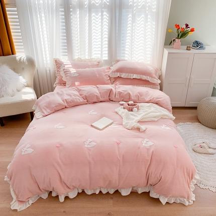 91家纺网 家纺一手货源 找家纺 优悦2020新款牛奶绒毛巾绣四件套 可爱兔-粉