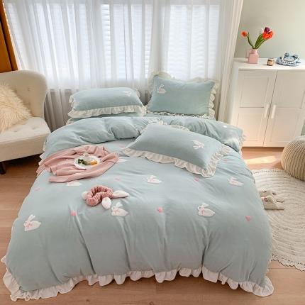 91家纺网 家纺一手货源 找家纺 优悦2020新款牛奶绒毛巾绣四件套 可爱兔-浅绿