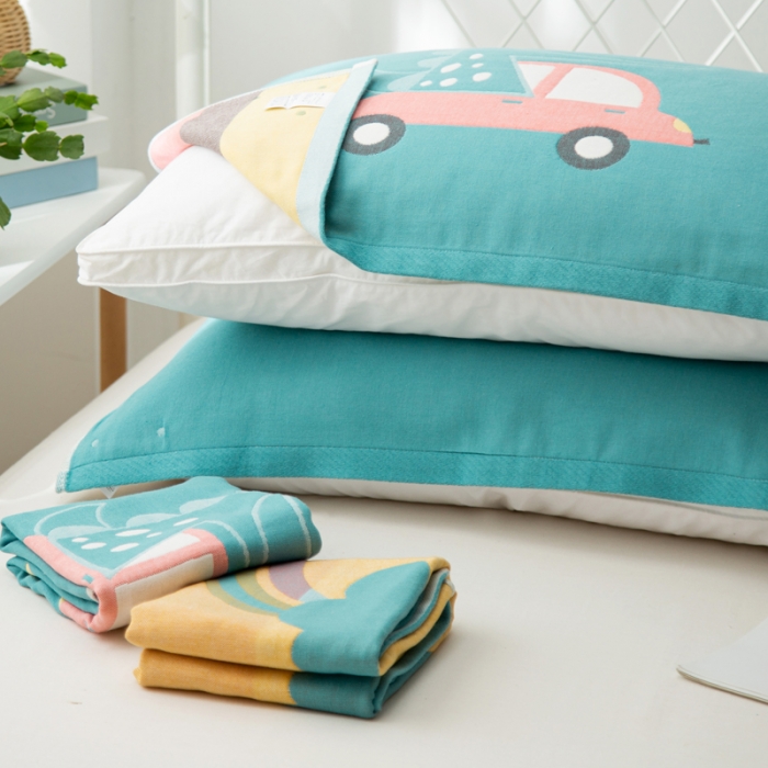 91家纺网 家纺一手货源 找家纺 朴尔 2020新款卡通AB组合全棉四层纱布枕巾 彩虹恐龙绿