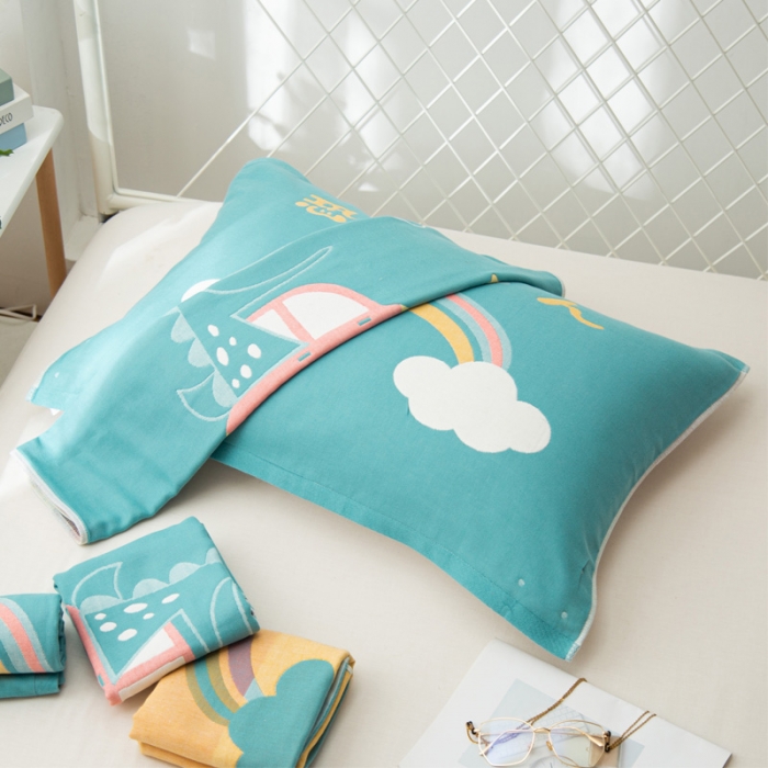 91家纺网 家纺一手货源 找家纺 朴尔 2020新款卡通AB组合全棉四层纱布枕巾 彩虹恐龙绿