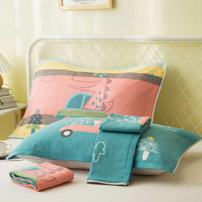 91家纺网 家纺一手货源 找家纺 朴尔 2020新款卡通AB组合全棉四层纱布枕巾 彩虹恐龙恐龙绿