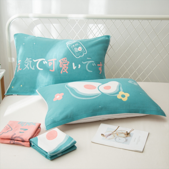 91家纺网 家纺一手货源 找家纺 朴尔 2020新款卡通AB组合全棉四层纱布枕巾 可爱牛油果绿