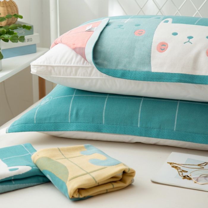 91家纺网 家纺一手货源 找家纺 朴尔 2020新款卡通AB组合全棉四层纱布枕巾 两只小猫绿