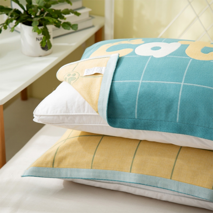 91家纺网 家纺一手货源 找家纺 朴尔 2020新款卡通AB组合全棉四层纱布枕巾 两只小猫cat绿