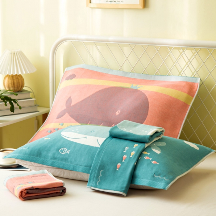 91家纺网 家纺一手货源 找家纺 朴尔 2020新款卡通AB组合全棉四层纱布枕巾 气球鲸鱼鲸鱼绿