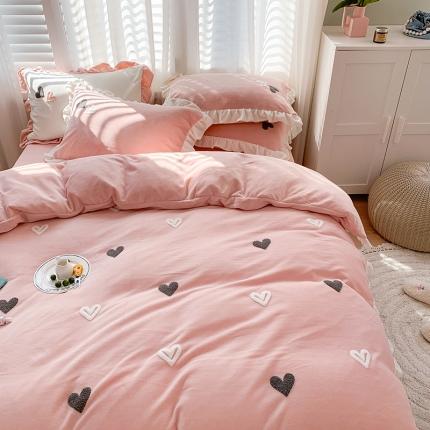 优悦2020新款牛奶绒毛巾绣四件套 爱心-粉