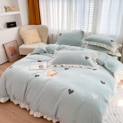 优悦2020新款牛奶绒毛巾绣四件套 爱心-浅绿