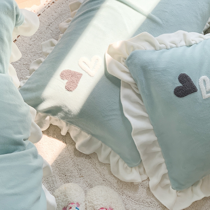 91家纺网 家纺一手货源 找家纺 优悦2020新款牛奶绒毛巾绣四件套 爱心-浅绿