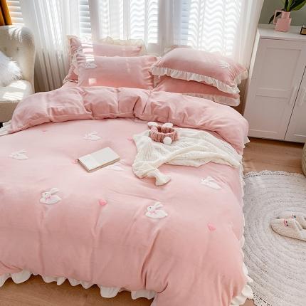 优悦2020新款牛奶绒毛巾绣四件套 可爱兔-粉