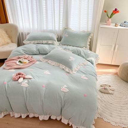 优悦2020新款牛奶绒毛巾绣四件套 可爱兔-浅绿