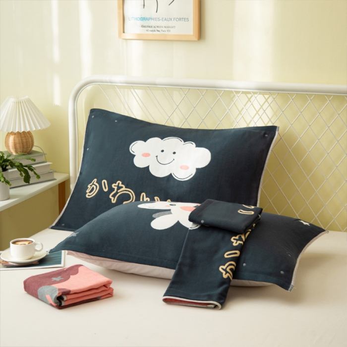 91家纺网 家纺一手货源 找家纺 朴尔 2020新款卡通AB组合全棉四层纱布枕巾 云朵飞马藏青