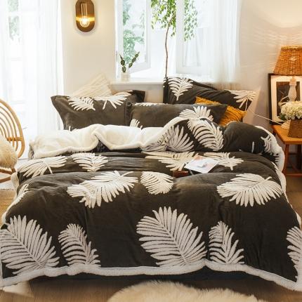 91家纺网 家纺一手货源 找家纺 佰亿莱 2024新款5D提花舒棉绒四件套 升级版-摩卡灰羽叶