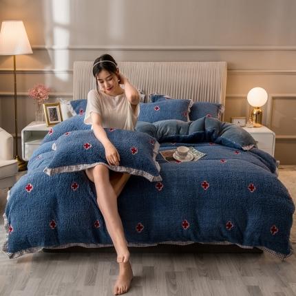 91家纺网 家纺一手货源 找家纺 （总）印季 2024新款千鸟格花边加密羊羔绒印花四件套