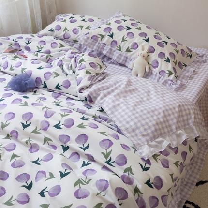 91家纺网 家纺一手货源 找家纺 花伞2021新款韩版荷叶边花边床裙床单款磨毛四件套 永恒紫花