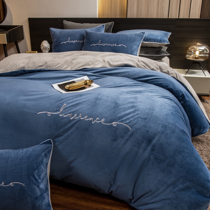 91家纺网 家纺一手货源 找家纺 瑞驰 2022新款A类婴儿绒保暖四件套 宾利蓝+摩登灰