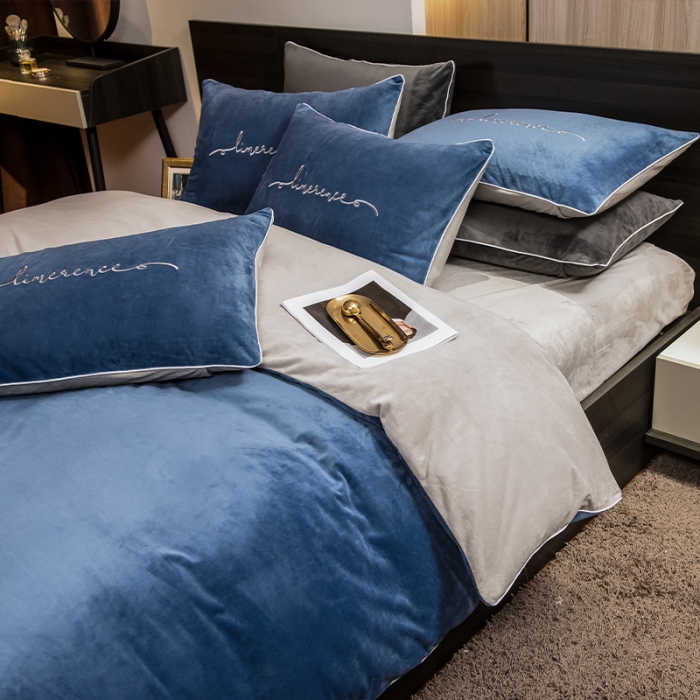 91家纺网 家纺一手货源 找家纺 瑞驰 2022新款A类婴儿绒保暖四件套 宾利蓝+摩登灰