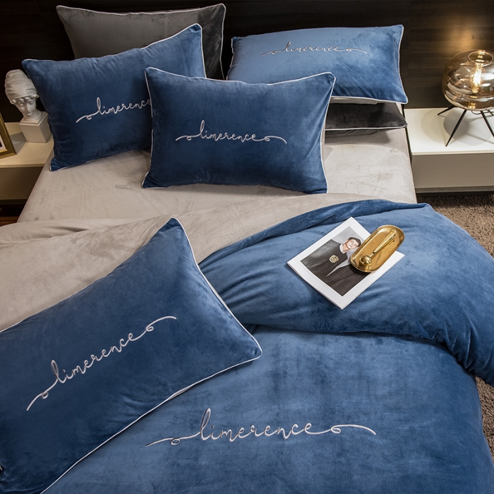 91家纺网 家纺一手货源 找家纺 瑞驰 2022新款A类婴儿绒保暖四件套 宾利蓝+摩登灰