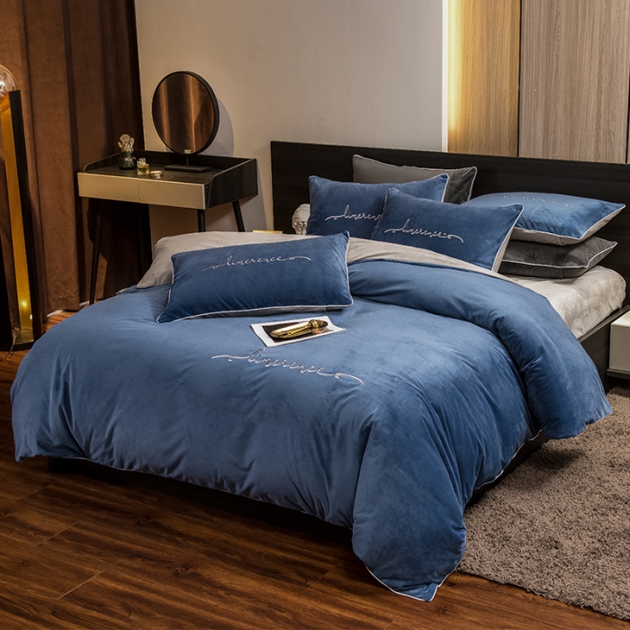 91家纺网 家纺一手货源 找家纺 瑞驰 2022新款A类婴儿绒保暖四件套 宾利蓝+摩登灰