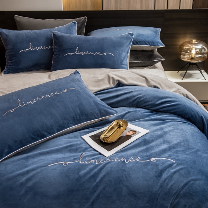 91家纺网 家纺一手货源 找家纺 瑞驰 2022新款A类婴儿绒保暖四件套 宾利蓝+摩登灰