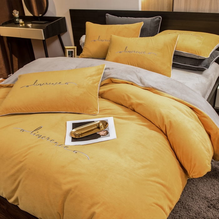 91家纺网 家纺一手货源 找家纺 瑞驰 2022新款A类婴儿绒保暖四件套 姜黄+摩登灰