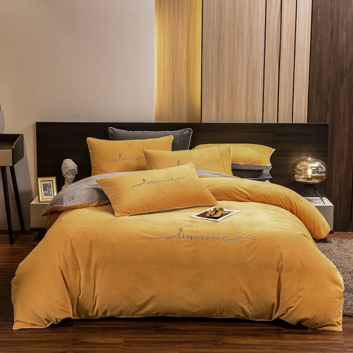 91家纺网 家纺一手货源 找家纺 瑞驰 2022新款A类婴儿绒保暖四件套 姜黄+摩登灰