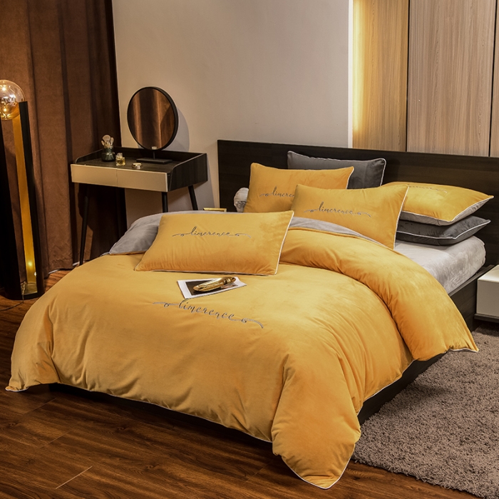 91家纺网 家纺一手货源 找家纺 瑞驰 2022新款A类婴儿绒保暖四件套 姜黄+摩登灰