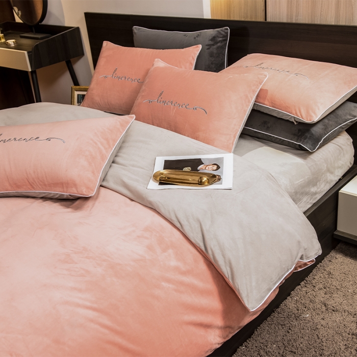 91家纺网 家纺一手货源 找家纺 瑞驰 2022新款A类婴儿绒保暖四件套 倾城粉+摩登灰