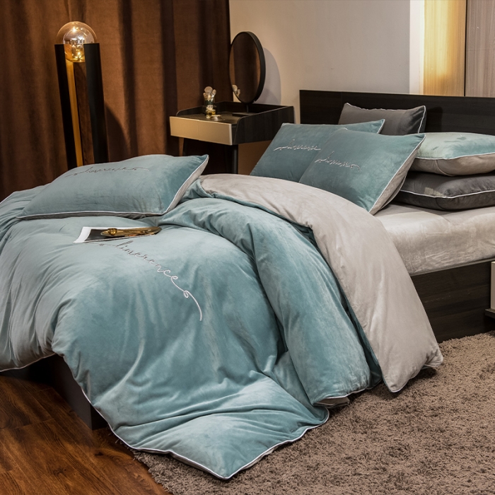 91家纺网 家纺一手货源 找家纺 瑞驰 2022新款A类婴儿绒保暖四件套 叶脉绿+摩登灰