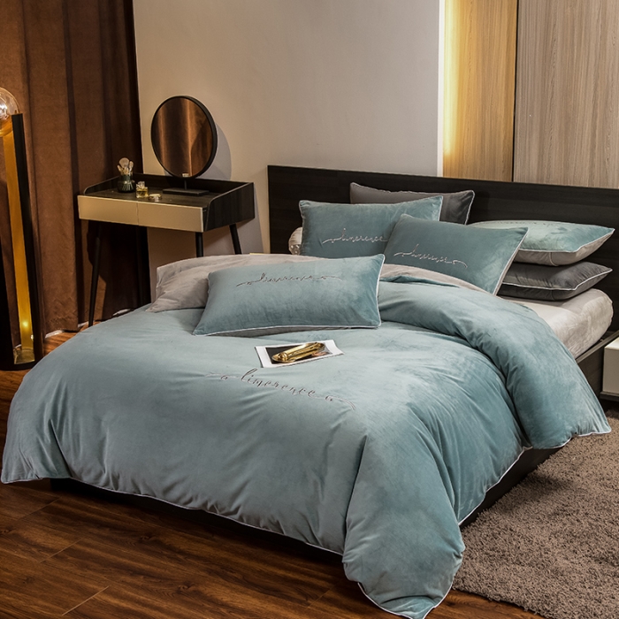 91家纺网 家纺一手货源 找家纺 瑞驰 2022新款A类婴儿绒保暖四件套 叶脉绿+摩登灰