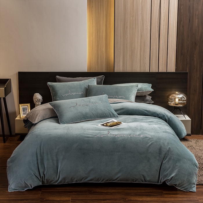 91家纺网 家纺一手货源 找家纺 瑞驰 2022新款A类婴儿绒保暖四件套 叶脉绿+摩登灰