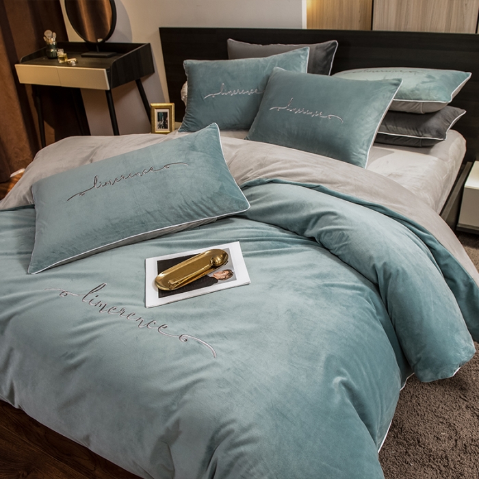 91家纺网 家纺一手货源 找家纺 瑞驰 2022新款A类婴儿绒保暖四件套 叶脉绿+摩登灰