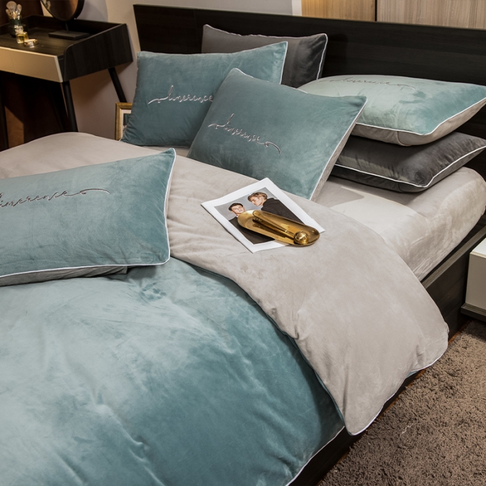 91家纺网 家纺一手货源 找家纺 瑞驰 2022新款A类婴儿绒保暖四件套 叶脉绿+摩登灰