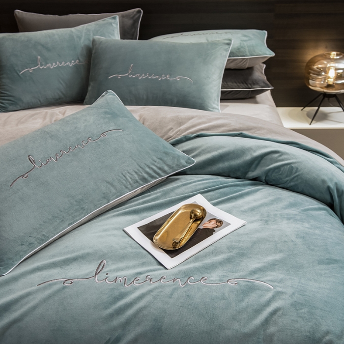 91家纺网 家纺一手货源 找家纺 瑞驰 2022新款A类婴儿绒保暖四件套 叶脉绿+摩登灰