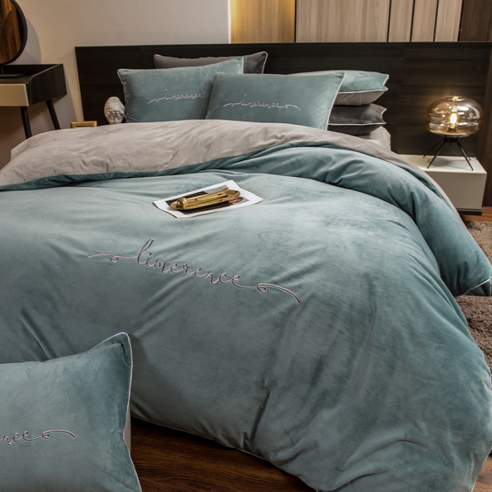 91家纺网 家纺一手货源 找家纺 瑞驰 2022新款A类婴儿绒保暖四件套 叶脉绿+摩登灰