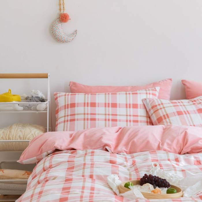 91家纺网 家纺一手货源 找家纺 梦家居 2020新款秋冬A棉B绒四件套 复古粉格绒