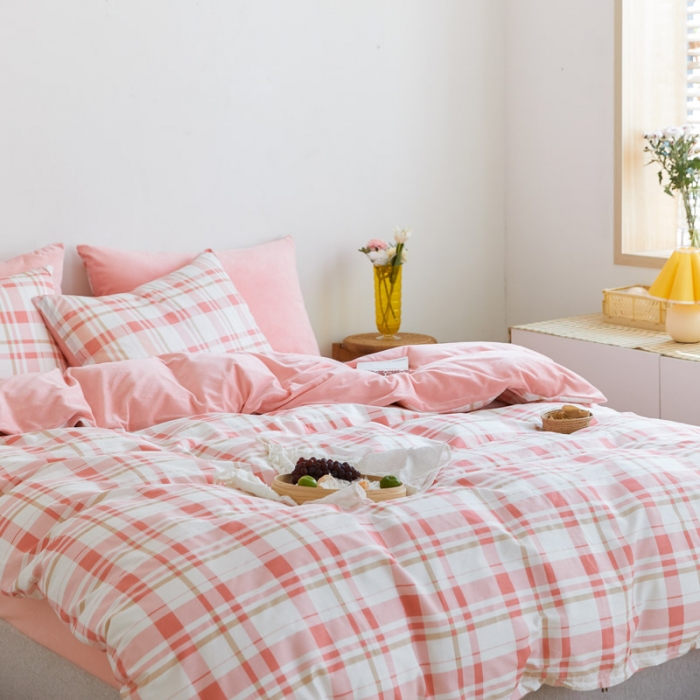 91家纺网 家纺一手货源 找家纺 梦家居 2020新款秋冬A棉B绒四件套 复古粉格绒