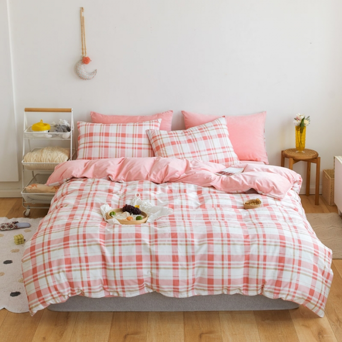 91家纺网 家纺一手货源 找家纺 梦家居 2020新款秋冬A棉B绒四件套 复古粉格绒