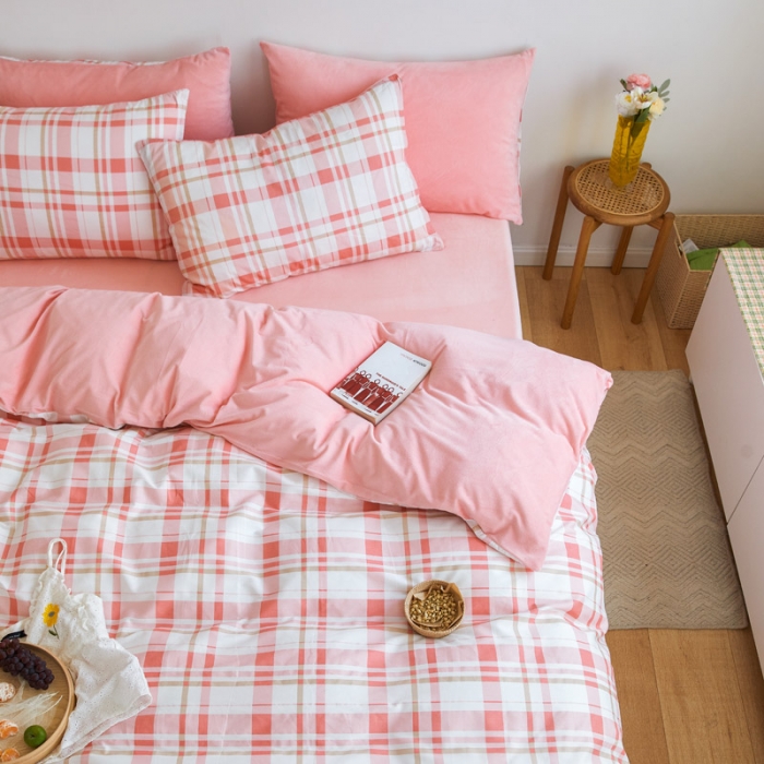 91家纺网 家纺一手货源 找家纺 梦家居 2020新款秋冬A棉B绒四件套 复古粉格绒