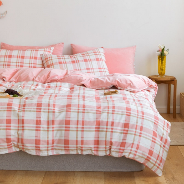 91家纺网 家纺一手货源 找家纺 梦家居 2020新款秋冬A棉B绒四件套 复古粉格绒