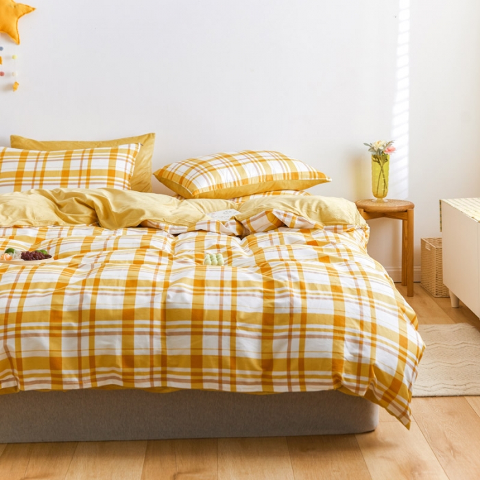 91家纺网 家纺一手货源 找家纺 梦家居 2020新款秋冬A棉B绒四件套 复古黄格绒