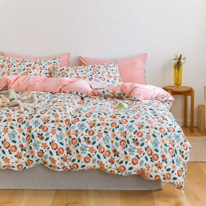 91家纺网 家纺一手货源 找家纺 梦家居 2020新款秋冬A棉B绒四件套 花开朵朵绒