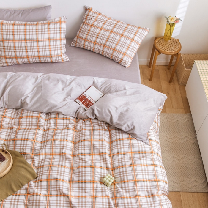 91家纺网 家纺一手货源 找家纺 梦家居 2020新款秋冬A棉B绒四件套 奶油棕格绒