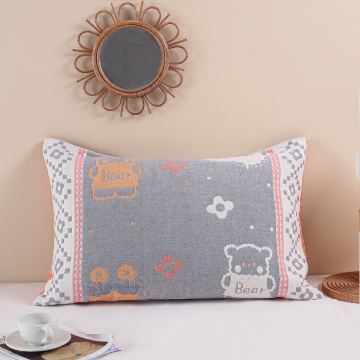 91家纺网 家纺一手货源 找家纺 朴尔纯棉纱布成人防滑半包按扣固定式盖枕头一对巾全棉 两只小熊灰