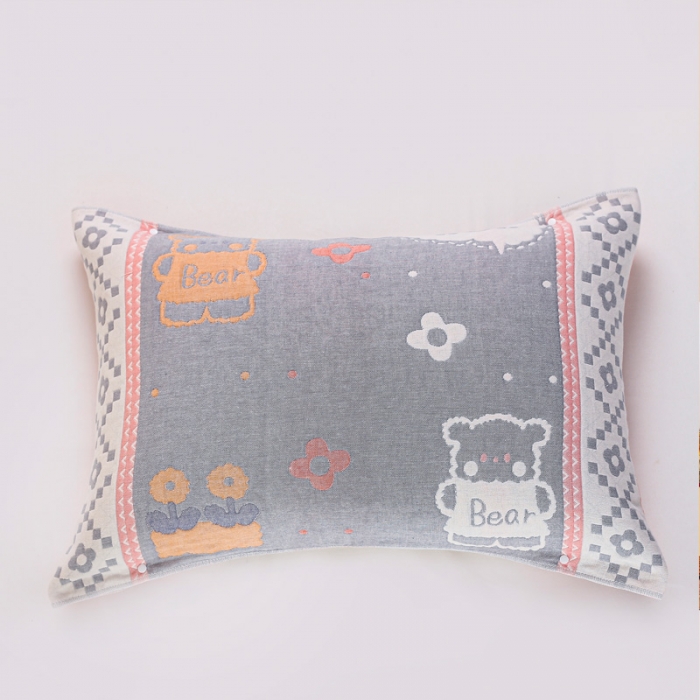 91家纺网 家纺一手货源 找家纺 朴尔纯棉纱布成人防滑半包按扣固定式盖枕头一对巾全棉 两只小熊灰