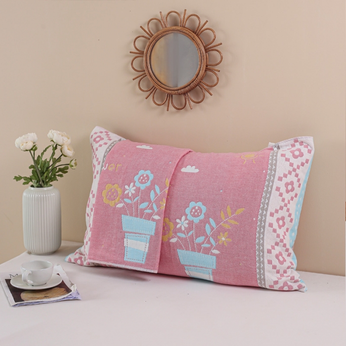 91家纺网 家纺一手货源 找家纺 朴尔纯棉纱布成人防滑半包按扣固定式盖枕头一对巾全棉 盆栽粉