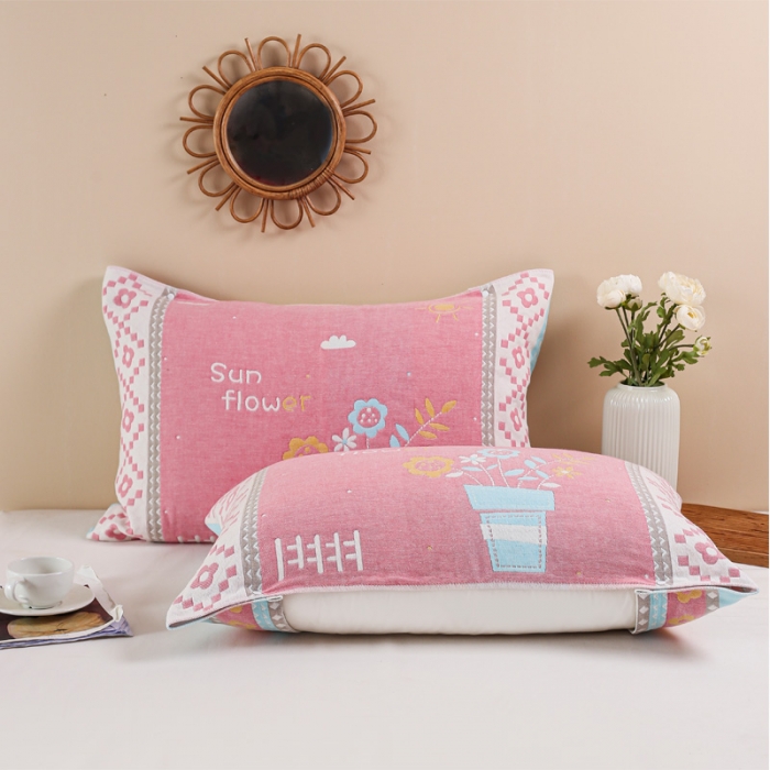 91家纺网 家纺一手货源 找家纺 朴尔纯棉纱布成人防滑半包按扣固定式盖枕头一对巾全棉 盆栽粉