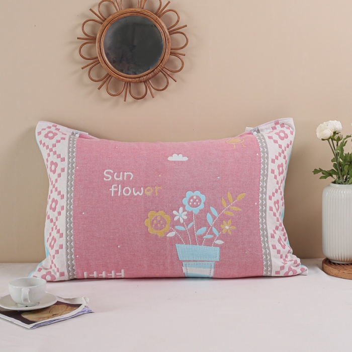 91家纺网 家纺一手货源 找家纺 朴尔纯棉纱布成人防滑半包按扣固定式盖枕头一对巾全棉 盆栽粉