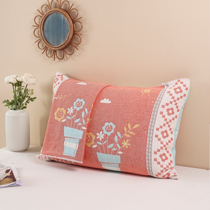 91家纺网 家纺一手货源 找家纺 朴尔纯棉纱布成人防滑半包按扣固定式盖枕头一对巾全棉 盆栽红